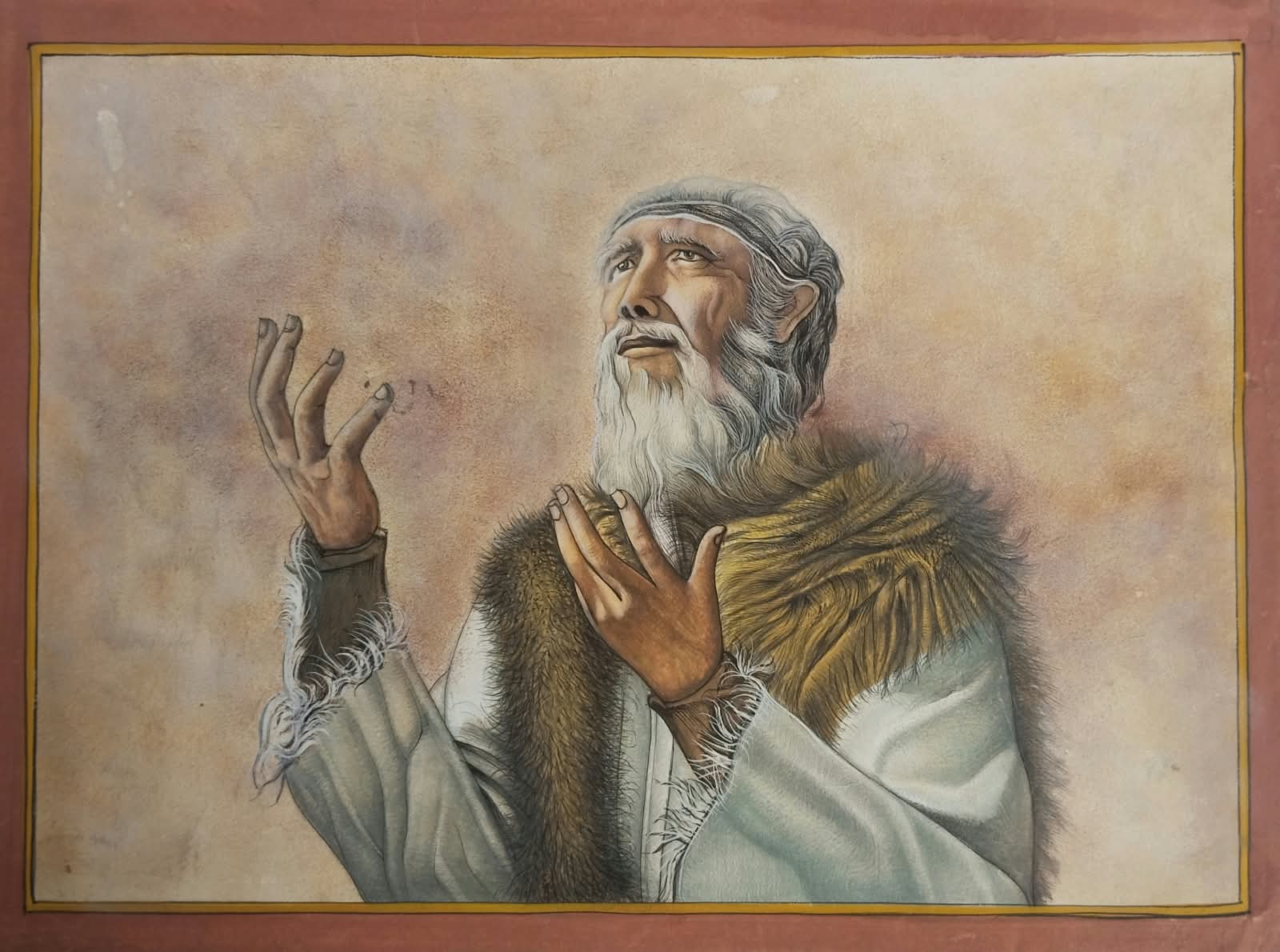 Mughal miniature painting depicting as elijah with fur mantle